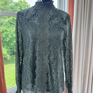 Cable & Gauge Green Lace Mandarin Collar Blouse